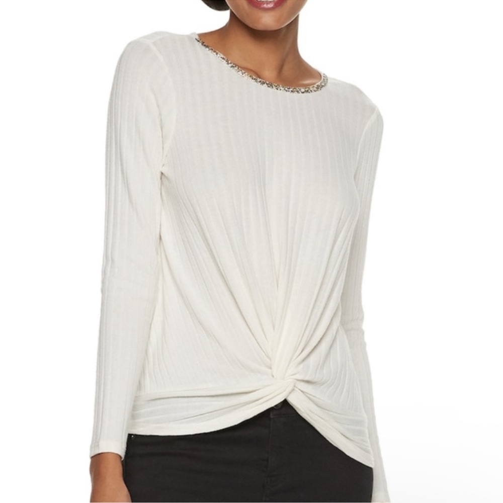 Juicy Couture Cream Long-Sleeve Twist Front Top with Embellished Neckline
